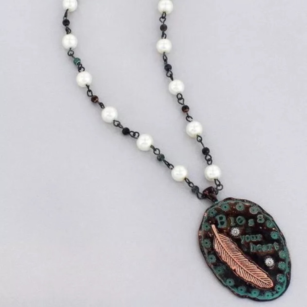 Patina Copper Bless Your Heart Pearl Bead Necklace